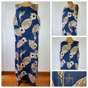 Guy Harvey Size XL Dress Sleeveless Hawaiian Print Hibiscus Navy Beige Maxi
